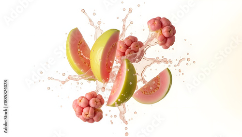 Fresh pink guava slices and whole rose apples splash dramatically with liquid droplets against a clean white background promoting tropical fruit beverage concepts