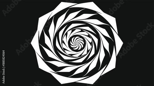 Black and white optical illusion spiral vortex with sharp pointed petals pattern