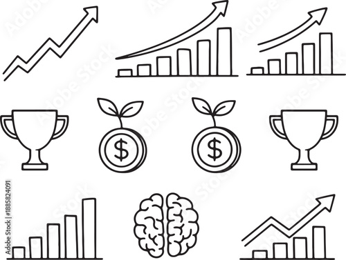 Financial growth and success icons featuring business charts trophies and money seedlings