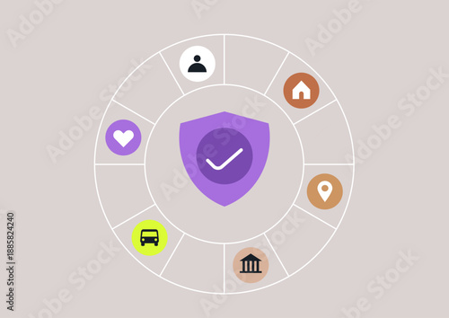 Colorful icons illustrate different aspects of insurance within a circular design, highlighting key areas like home, vehicle, and health coverage in a creative and engaging manner.