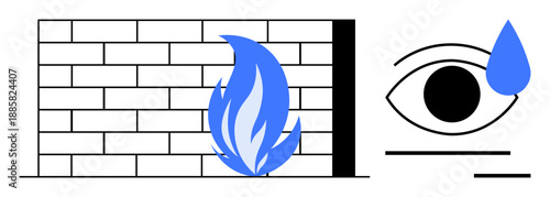 Cybersecurity, data protection, digital safety, privacy, monitoring, surveillance. Brick wall with blue flame and eye with water droplet. Cybersecurity and data protection