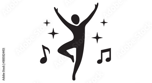 Silhouette of a joyful person dancing with music notes and sparkles