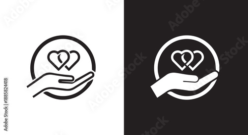 Hand holding heart symbol in circle on white and black background