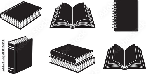 black and white book icons set