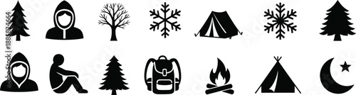 Winter camping and outdoor activities icons