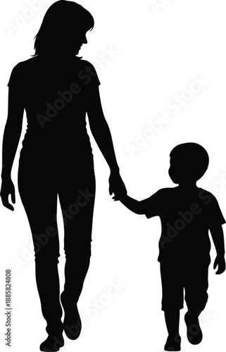A mother and child walking hand in hand silhouette