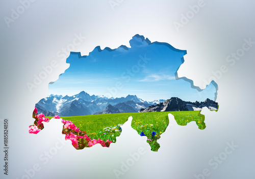 Schweizer Landkarte mit Gebirge, Alpenrosen und enzian