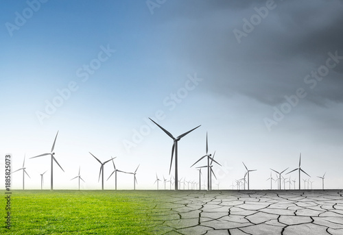Abstrakter Klimawandel in einer imaginären landschaft mit Windrädern