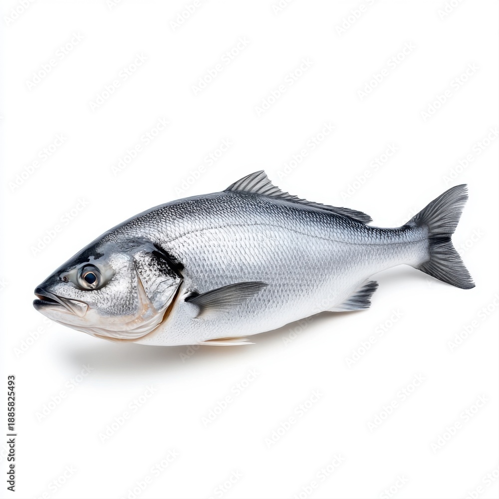 Obraz premium Fresh Whole Fish with Silver Scales and Detailed Texture on White Background