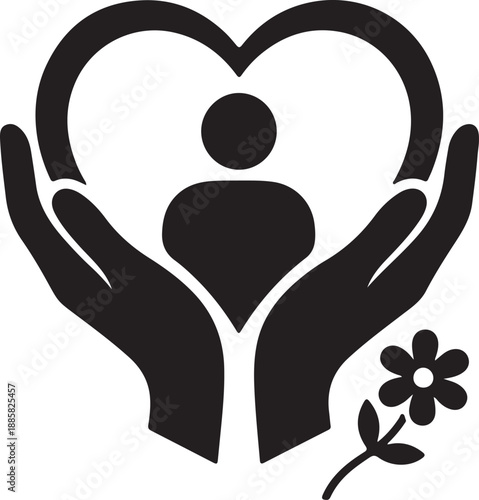 Caring hands forming a heart around a person with a flower, symbolizing human support and compassion