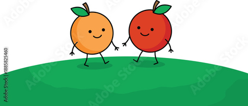 Cute orange fruit cartoon characters illustration, smiling kawaii mascots holding hands, happy friendship concept, colorful flat vector