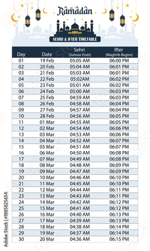 Ramadan timetable banner for mosque notice board, editable vector. Fasting planner fora  religious community. | Adobe Stock