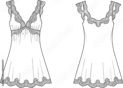 Lace nightdress technical flat, front and back view, V neck lingerie slip, scalloped hem detail, fashion line art, vector illustration