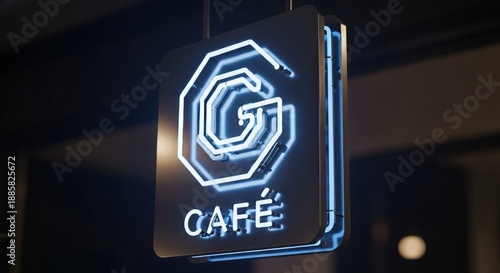 Modern neon cafe sign with stylish logo at night