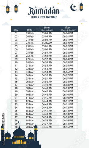 Ramadan timetable banner for mosque notice board editable vector. Fasting planner for religious community. | Adobe Stock
