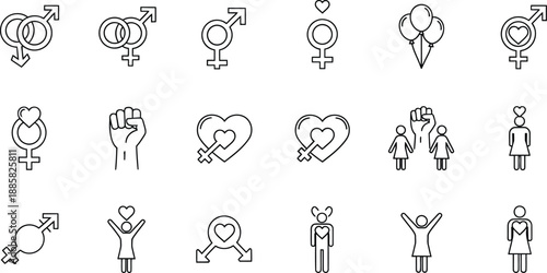 Collection of simple line art icons representing relationships and gender