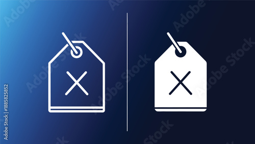 Two contrasting price tags with crosses on a gradient blue background symbolizing discount and refusal