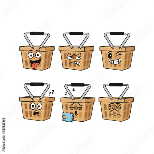 Set of six shopping basket illustrations with different facial expressions and emotions for retail and e-commerce marketing