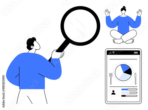 Analysis, wellness, technology, self-improvement, data-driven decisions, personal growth. Man examines with magnifying glass, person meditating app displaying a chart. Analysis and wellness concept