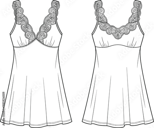 Lace trim slip dress technical flat, front and back view, V neck bodice, elegant lingerie style, fashion line art, vector illustration
