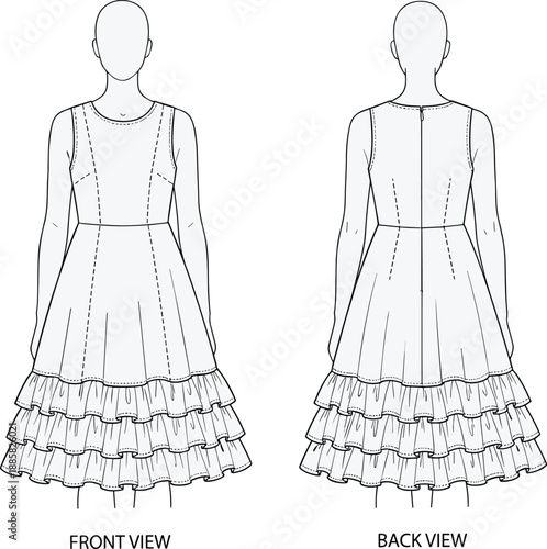 Layered ruffle hem dress technical flat, front and back view, sleeveless fitted bodice, fashion line art, elegant silhouette, vector illustration