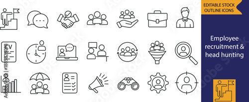 Employee recruitment editable stroke outline icon set.