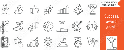 Success, award, growth editable stroke outline icons set.