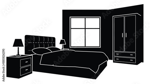 a black and white silhouette of a bedroom with bed window and wardrobe