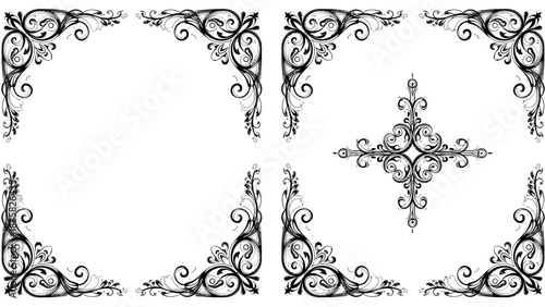 Set of Vintage Ornate Corner and Center Design Elements, Elegant Baroque Scrolls and Flourishes, isolated white background.