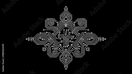 Intricate Circuit Board Pattern in Decorative Star Shape on Black Background, Technology Concept.