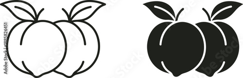 Minimal peach pair icon illustration, hand drawn fruit logo symbol, organic food concept, modern flat black white vector