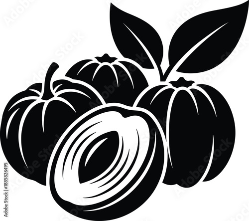 Plum fruit silhouette illustration, whole and sliced plums with leaves, minimalist black healthy food icon for branding design