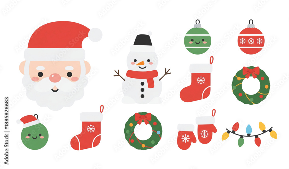 Fototapeta premium Playful Christmas illustration set with Santa snowman and festive holiday icons isolated on transparent background