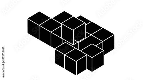 Isometric Arrangement of Black Cubes Forming a Complex 3D Geometric Structure on Isolated White Background