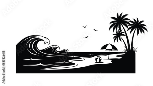 tropical beach scene with palm trees ocean waves and birds a striking silhouette