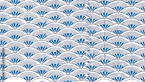 Blue and white art deco fan pattern with fine line details on white background repeating graphic