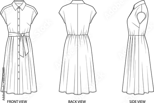 Shirt dress technical flat, front back and side view, button down design, waist tie belt, fashion line art, vector illustration