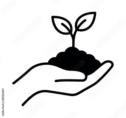 Hand holding a small plant sprout in soil environment circle vector icon