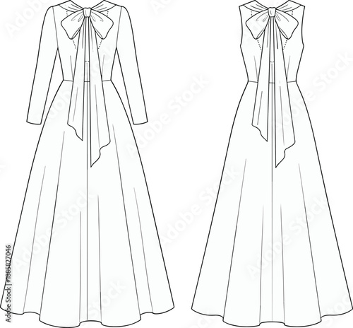 Women's long sleeve bow neck maxi dress technical flat sketch, front and back view, fashion illustration for apparel pattern design