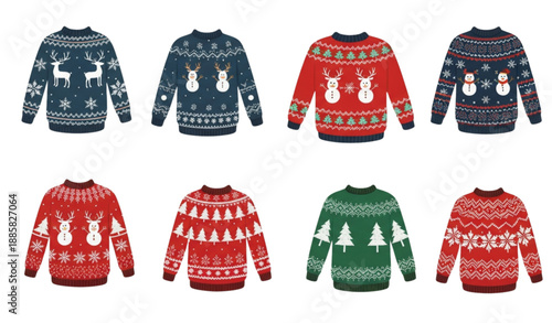 Playful cartoon Christmas sweater collection with knitted winter ornaments isolated on transparent background
