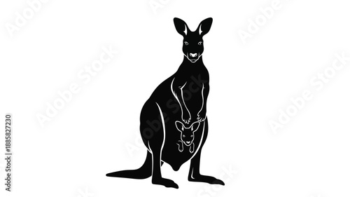 a black kangaroo with its joey in a pouch depicted as a silhouette