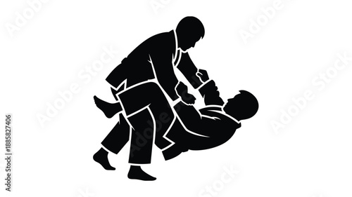 two figures in a grappling or wrestling pose a dynamic black silhouette