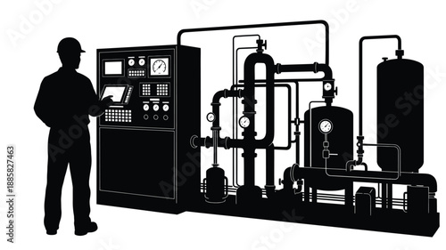 a worker stands near complex industrial machinery control panel and pipes silhouette