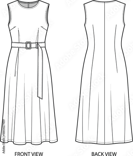 Women's sleeveless belted maxi dress technical flat sketch, front and back view, fashion illustration for apparel sewing pattern design