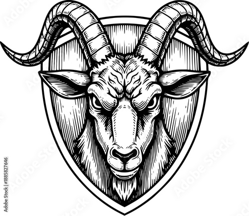 Goat Head Shield Emblem Engraved Illustration for Mascot Logo, Heraldic Crest, Farm Branding, Vintage Badge, and Black and White Design