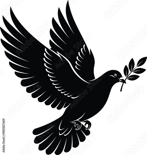 Black silhouette of flying dove holding olive branch symbolizing peace, hope, freedom, spirituality, harmony, and reconciliation in vector art