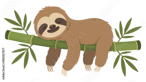 A cute cartoon illustration of a sleeping sloth resting on a green bamboo branch (1)_traced