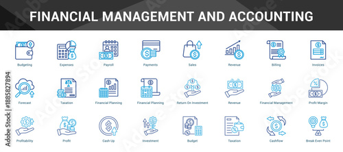 Financial Management And Accounting Cohesive set of minimalist vector icons representing key ideas with visual clarity