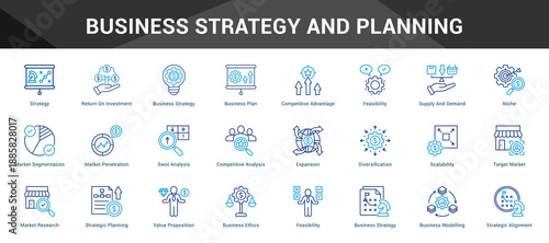 Business Strategy And Planning Cohesive set of minimalist vector icons representing key ideas with visual clarity