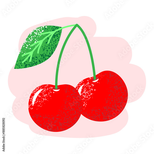 Two ripe red cherries on twigs with a green leaf in a grainy background, drawn with a marker. Vector illustration.